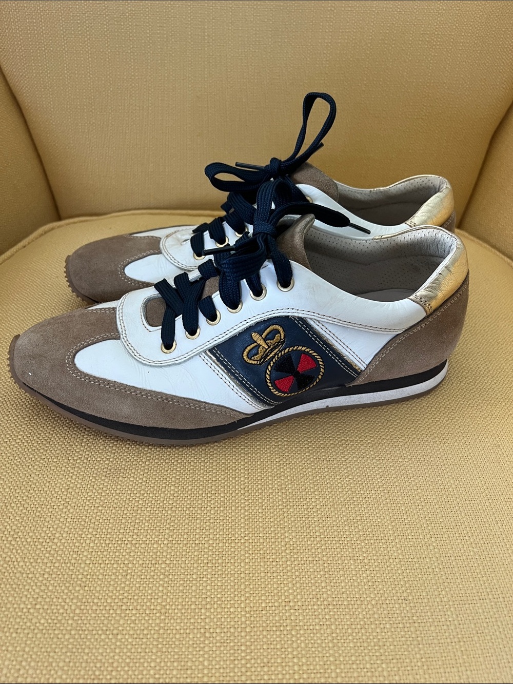 Men's Italian Casual Leather & Suede Sneakers in White, Navy & Tan size 41